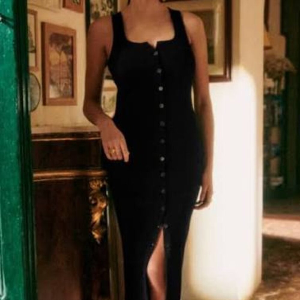 Sezane Size XL Black Fabiola Sleeveless Cotton Ribbed Button Front Midi Dress - Picture 4 of 13